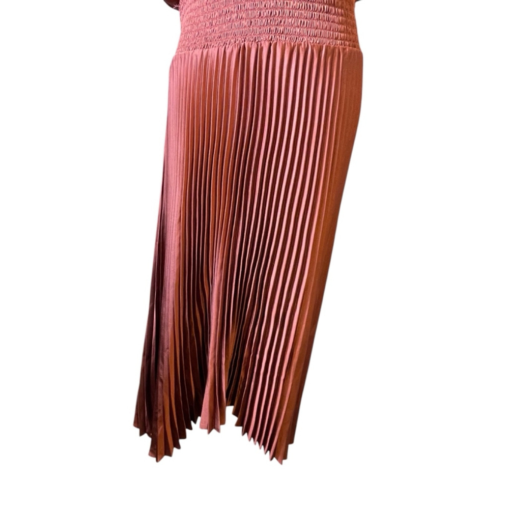 L Express burnt orange, rust, satin sleeveless,pleated skirt asymmetric hemline - Picture 7 of 8